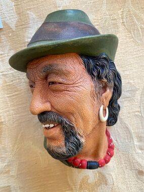Bossons Ceramic Wall Bust of Bearded Man with Green Hat and Red Bead Necklace